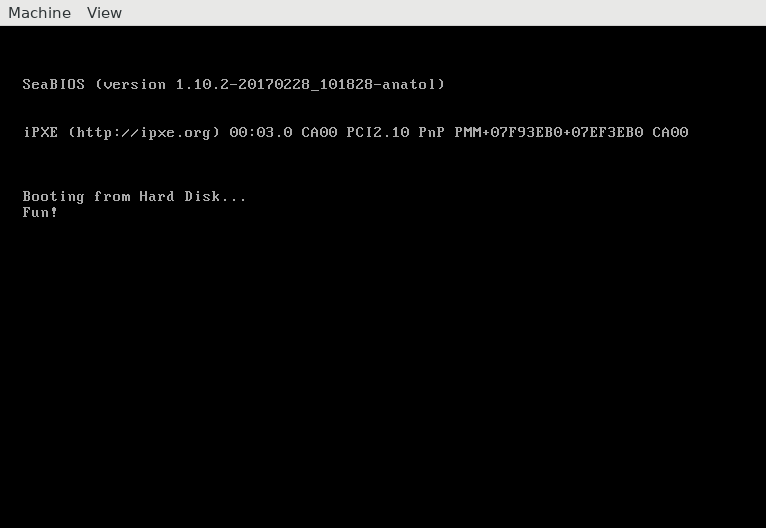 Qemu virtual machine booted using the file shows the text 'Fun!'.